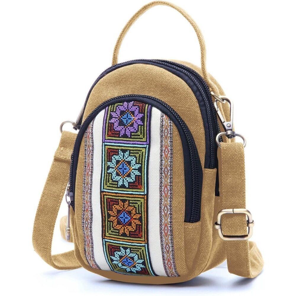Women's S3 Brown Vintage Embroidered Cute Mini Cross Body Bag Small Handbag